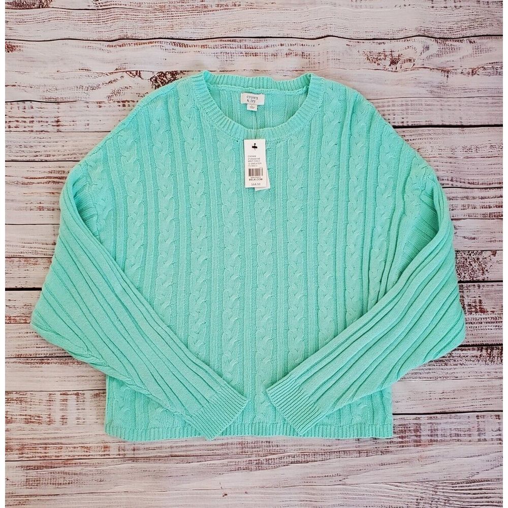 Crown & Ivy Women's Long Sleeve Cable Knit Crewneck Sweater Cielo Mint